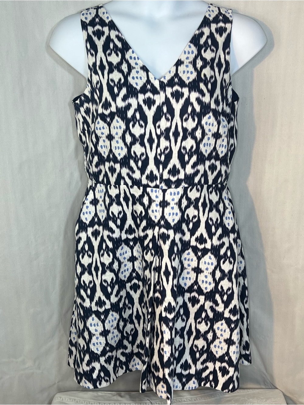 Gap Linen Dress Blue & White Fit & Flare Sleeveless V Front & Back Lined 14 👍